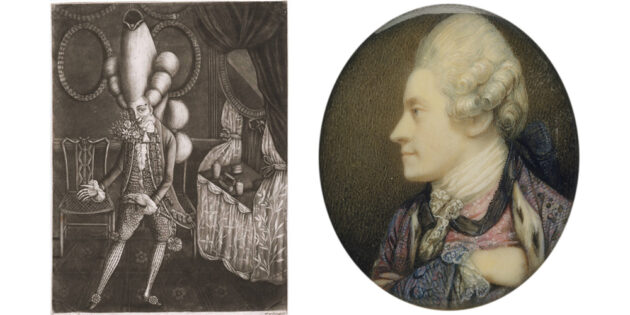 Зліва – карикатура Філіпа Доу 1773 року.  Праворуч - реальний варіант на автопортреті художника Річарда Косвея, прибл.  1770 р. 